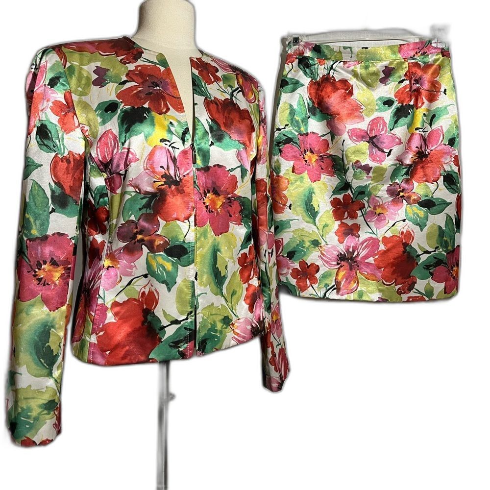 Vintage Conrad C Floral Skirt Suit Set Sateen Blazer Pencil Skirt 6